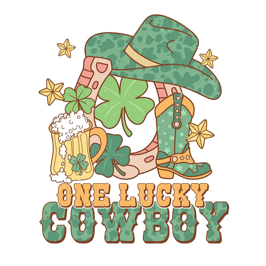 Fast DTF Transfer | One lucky cowboy Transfer - Ride into St. Patrick's Day with this lucky cowboy transfer.