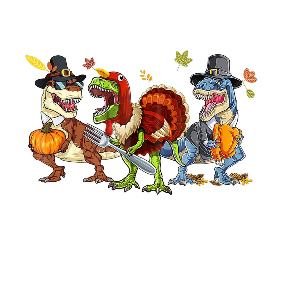 Fast DTF Transfer | Adorable dinosaur gobbling up a Thanksgiving feast