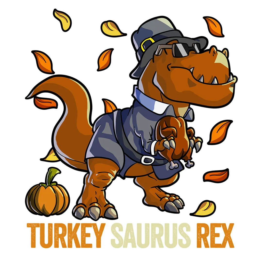 Fast DTF Transfer | Playful dinosaur wearing a pilgrim hat, perfect for Thanksgiving crafts