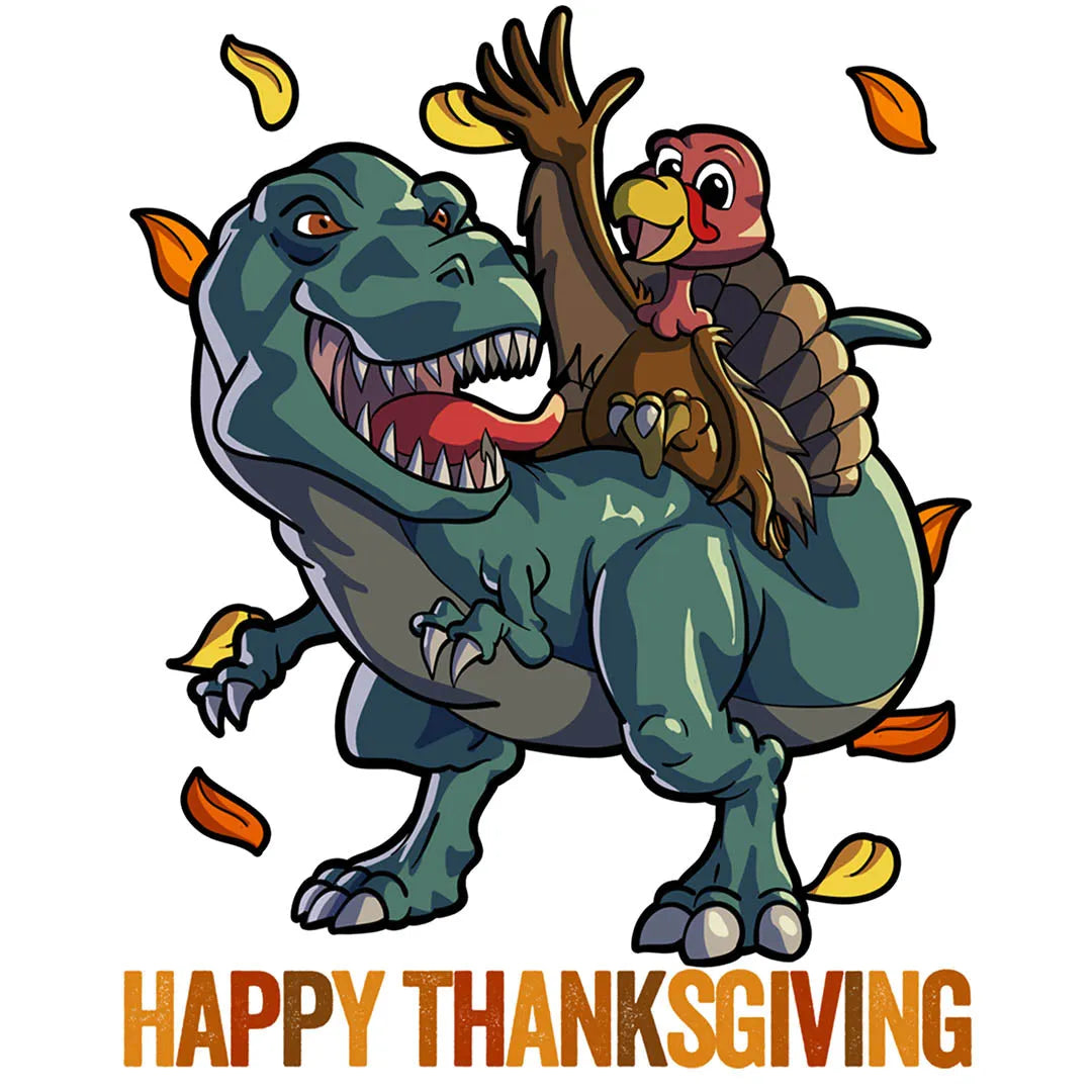 Fast DTF Transfer | Colorful dinosaur-themed DTF transfer for festive Thanksgiving decorations