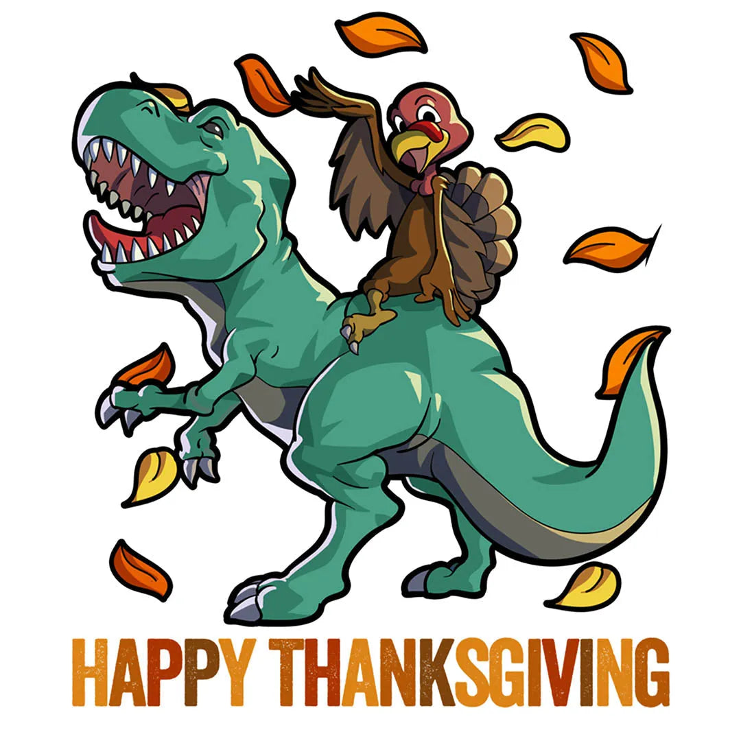 Fast DTF Transfer | Dinosaur family enjoying a Thanksgiving meal, ideal for DIY projects